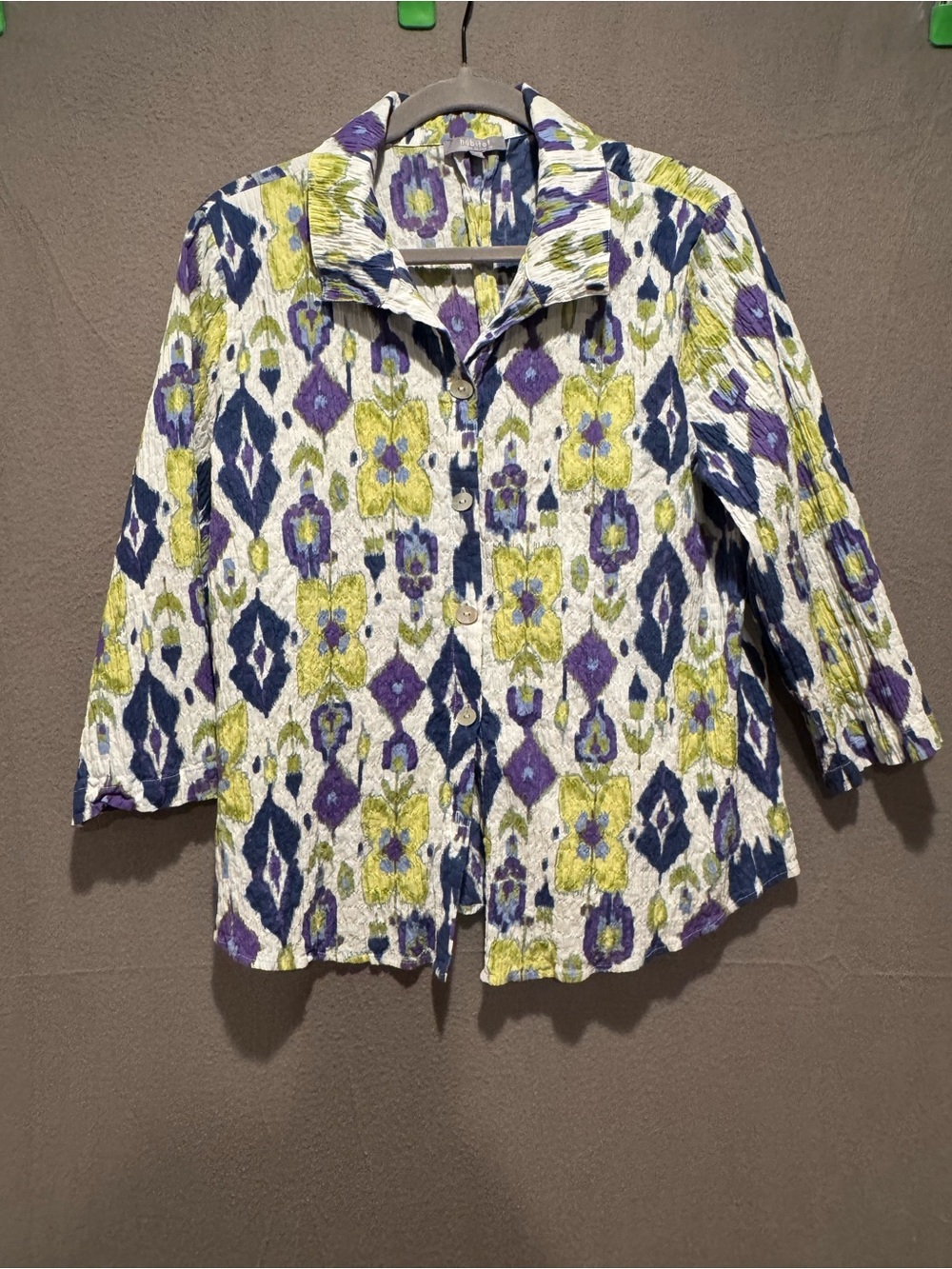 Habitat White Button-Down Shirt with Navy, Purple & Yellow Accents
